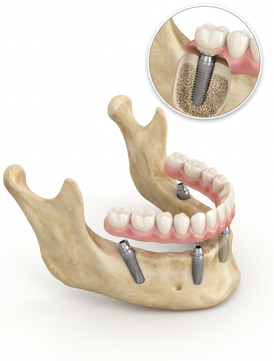 Illustration of the All-on-X full mouth dental implant protocol showing four implants placed in the jawbone supporting a fixed prosthetic arch of teeth