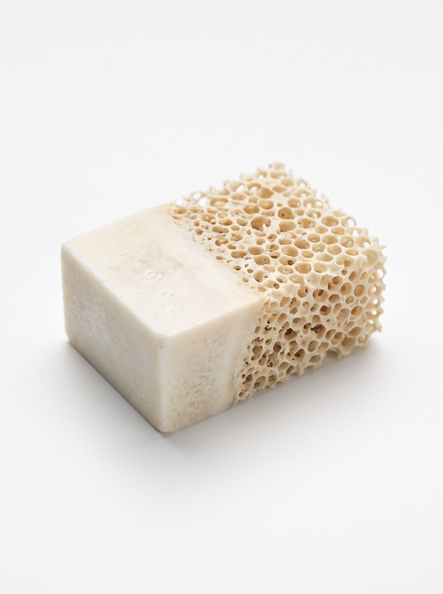 Photo of a bone graft block showing dense natural bone alongside porous grafting material used to rebuild jawbone structure