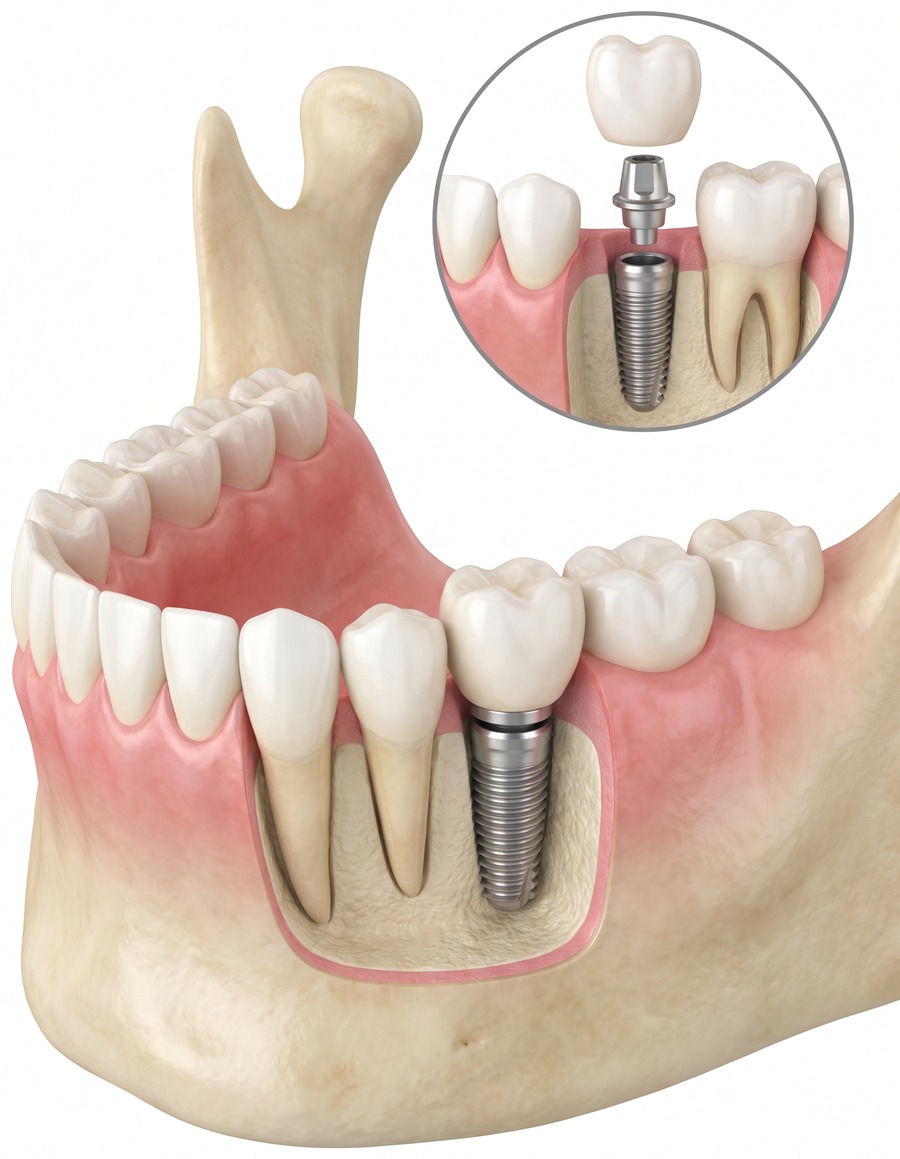 Illustration of a single dental implant showing the titanium post placed in the jawbone with an abutment and crown restoring a missing tooth