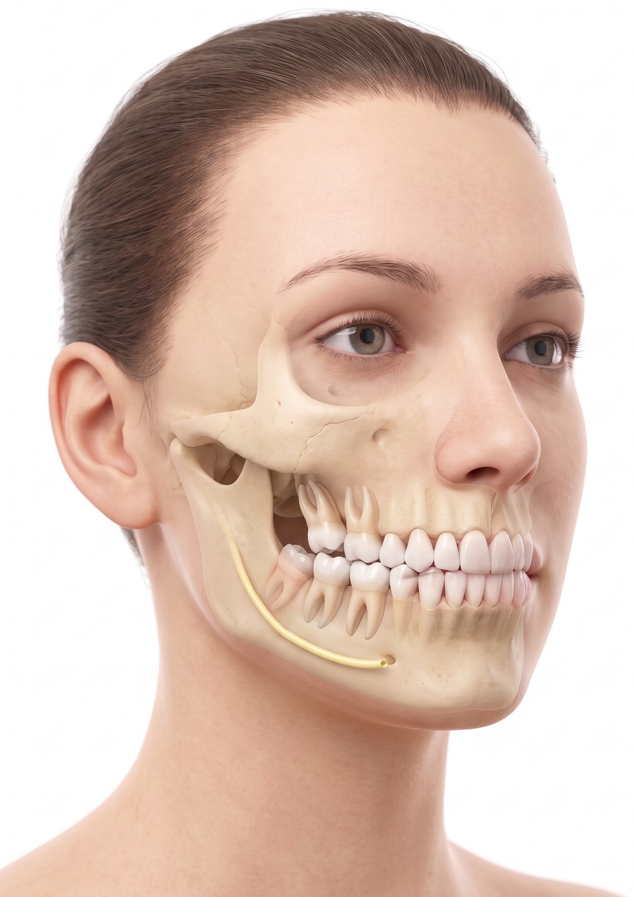 Illustration of a woman's skull cross-section showing wisdom teeth position in the jawbone along with the surrounding nerve